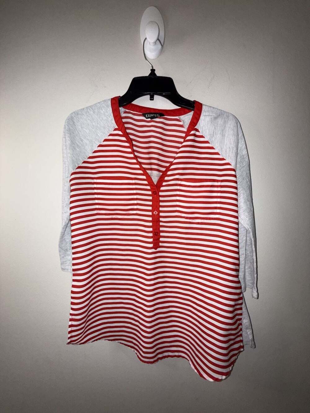 Express Women's Red and White Striped Raglan Henley Top with Button Detail
